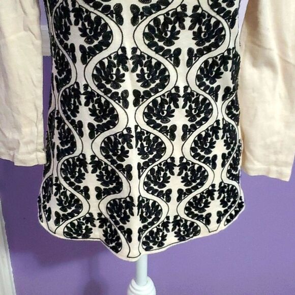 J Crew Factory Cream & Black Boho Floral Embroidered Fitted Knit Sweater - Picture 4 of 9